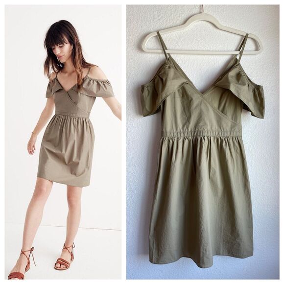 Madewell Khaki Tan Cold-Shoulder V-Neck V-Back Ruffle Wrap Style Dress Size 00 - Picture 1 of 12